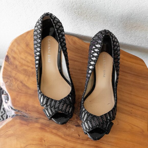 Gianni Bini Size 8 Kristina Peep Toe Heels | Black Brown Gray - Picture 5 of 8